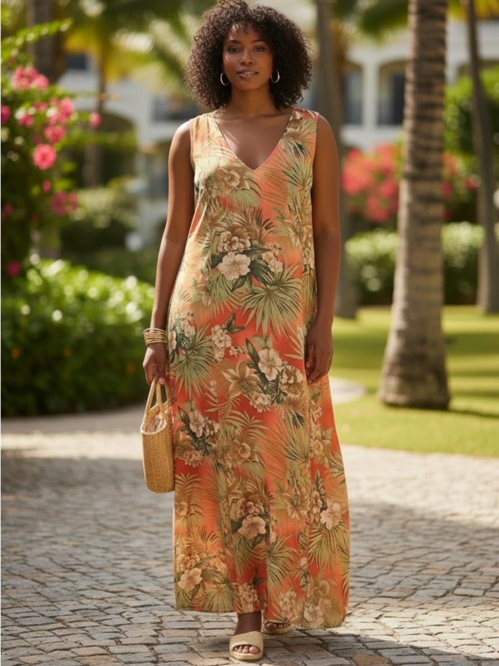 Danny & Nicole Peach Maxi Dress with Beige and Green Tropical Print Sz 16